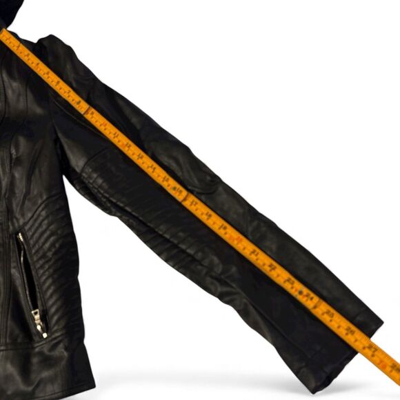 Guess Women’s Faux Leather Biker Jacket Black Removable Hood Size Medium - Picture 4 of 10